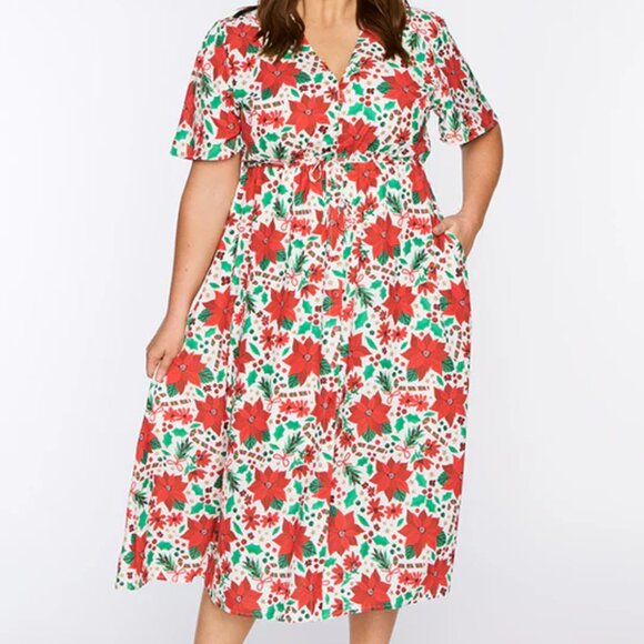 Poinsettia print dress. Poinsettia, candy cane, holly A Line Dress. - Picture 1 of 13